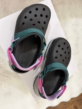 CROCS Classic Clog in Black with Teal, Pink and Lavender Straps